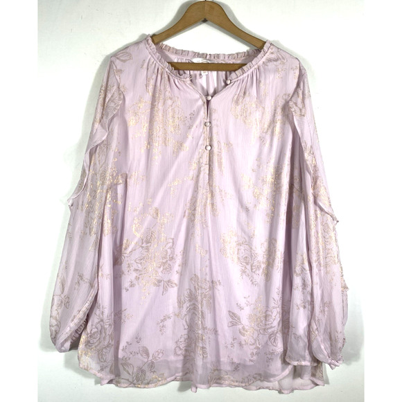 Lauren Conrad Tunic Top Sz 2X Pale Pink Chiffon Gold Floral Romantic Fairy Core - Picture 3 of 13